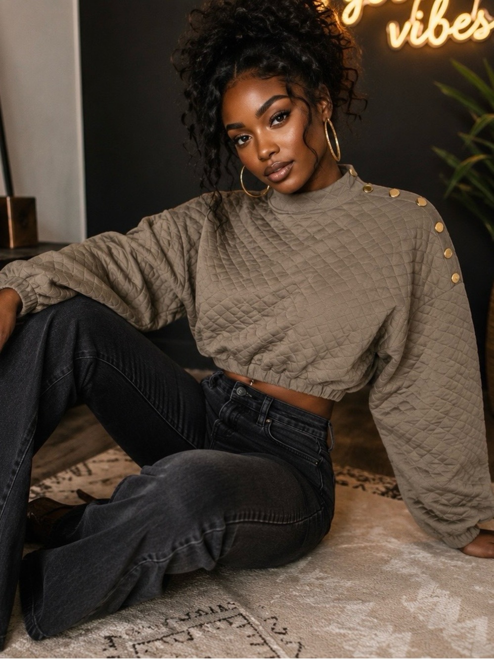 Zara Taupe Quilted Crop Top with Shoulder Buttons